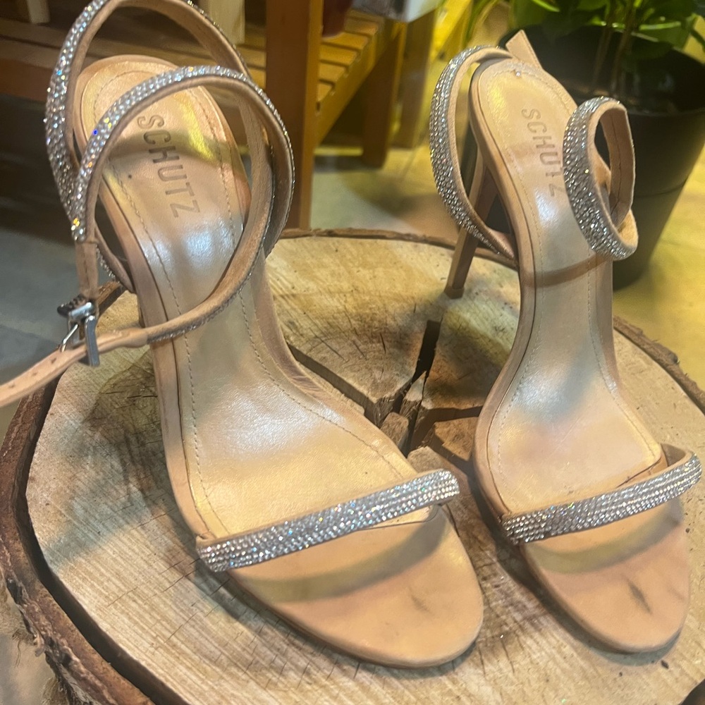 SCHUTZ Nude Strappy Heels with Rhinestones